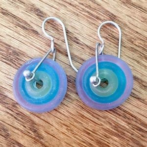 Handmade Frosted Glass Wheel Dangle Earrings Silver  Tone Blue Purple Mint Green